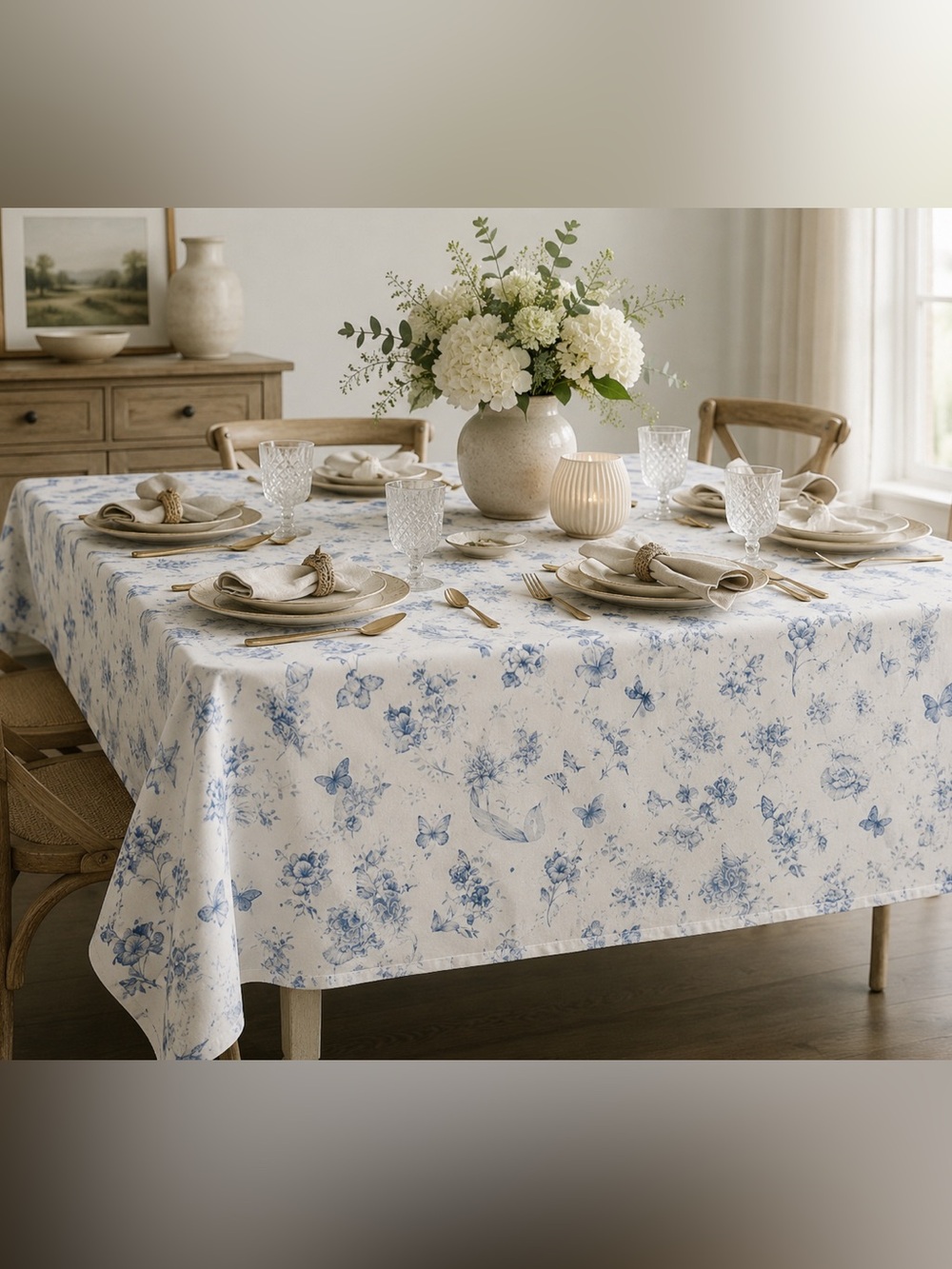 Lenox Blue & White Toile Table Cloth, Butterfly Meadows, Floral, Cottage-core